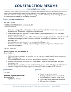 Free Resume Template for Construction Laborers Applying for U.S. Jobs