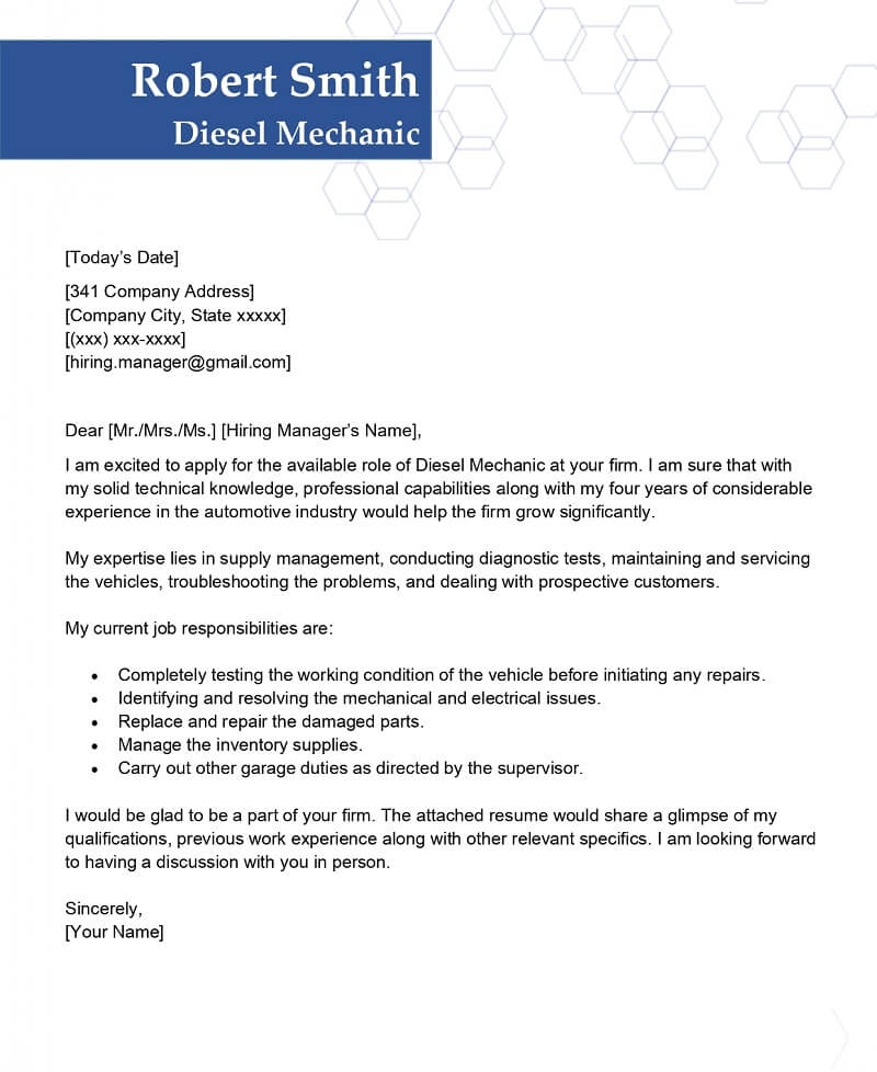 Cover Letter Template for Diesel Mechanics Seeking U.S. Visa Sponsorship