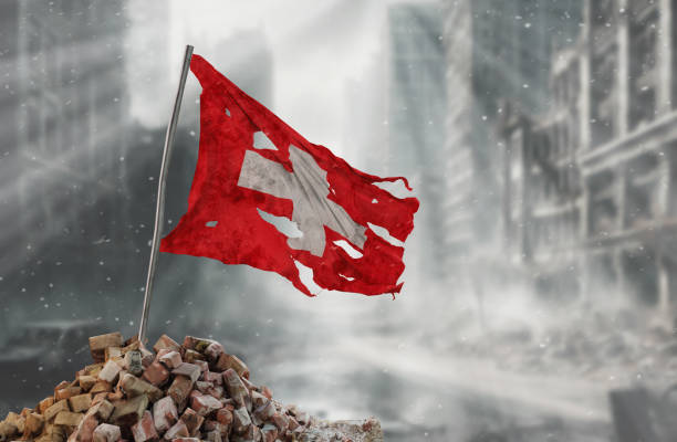 Switzerland flag, symbol of resistance and victory. A scene of war and devastation, the ruins of a city destroyed by conflicts. 3D Rendering.